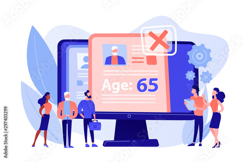HR agency age discrimination. Job candidate CV, personal profile. Ageism social problem, stop ageism, elderly employment difficulties concept. Pinkish coral bluevector isolated illustration