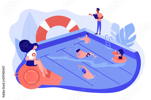Tiny adult people swimming in the pool, coach and lifeguard. Swimming and lifesaving classes, swimming for adults, open water classes concept. Pinkish coral bluevector isolated illustration