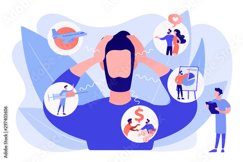 Introversion, agoraphobia, public spaces phobia. Mental illness, stress. Social anxiety disorder, anxiety screening test, anxiety attack concept. Pinkish coral bluevector isolated illustration