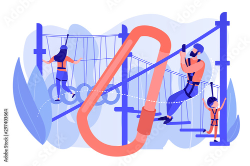 Adventure park, tourists extreme activity for adults and children. Summer ropes course, nature outdoor challenging, best ropes courses here concept. Pinkish coral bluevector isolated illustration