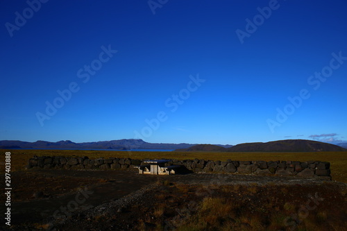 Paisaje en Islandia con agua y campo verde y cielo azul