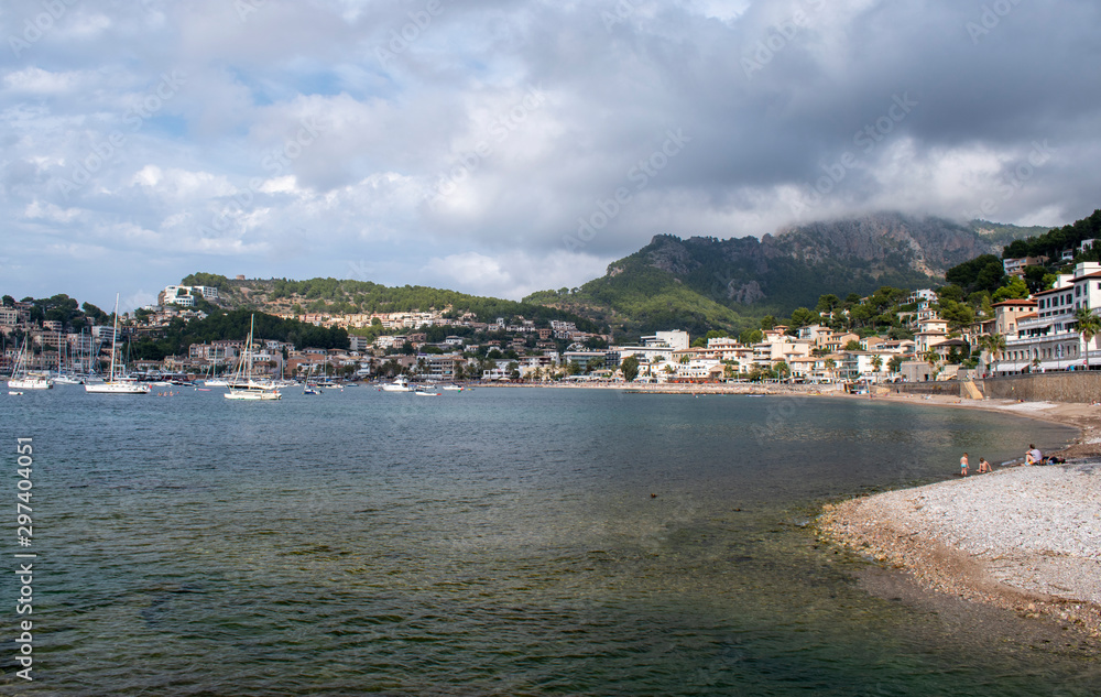 Port Soller Majorca a scenic view across the bay and beach towards the mountains.