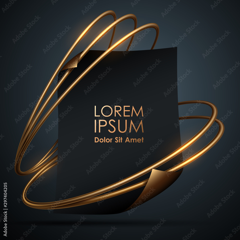 Black paper template with golden rings - obrazy, fototapety, plakaty 