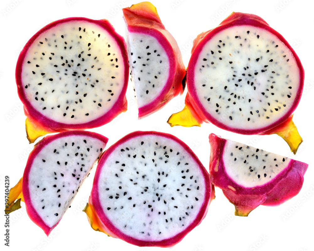 Fototapeta premium Sliced ​​dragon fruit close-up top view isolated
