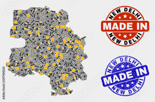 Mosaic technical New Delhi City map and blue Made In grunge seal. Vector geographic abstraction model for technical, or patriotic purposes. Mosaic of New Delhi City map combined of random gears,