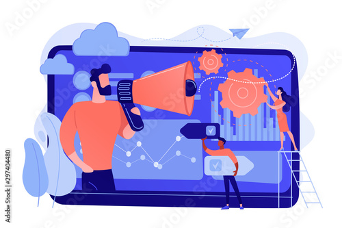 Tiny people, marketer with megaphone, consumers data analysis. Data driven marketing, consumer behaviour analysis, digital marketing trend concept. Pinkish coral bluevector isolated illustration