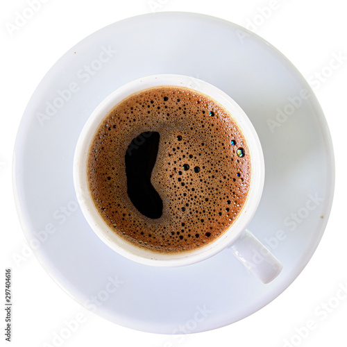 White porcelain cup with coffee top view isolated