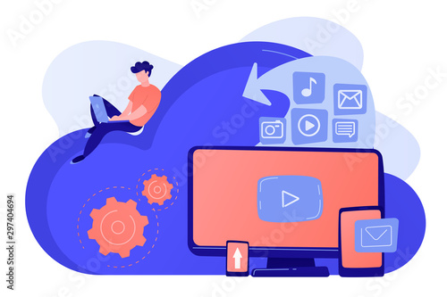 Digital devices and businessman with laptop on cloud using IaaS. Cloud based engine, infrastructure as a service, virtual machine on demand concept. Pinkish coral bluevector isolated illustration