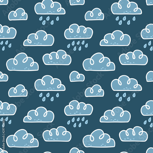 Autumn themed seamless pattern with rainy clouds isolated on white