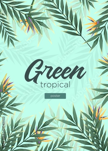 Bright tropical background with jungle plants. Exotic pattern with tropical leaves