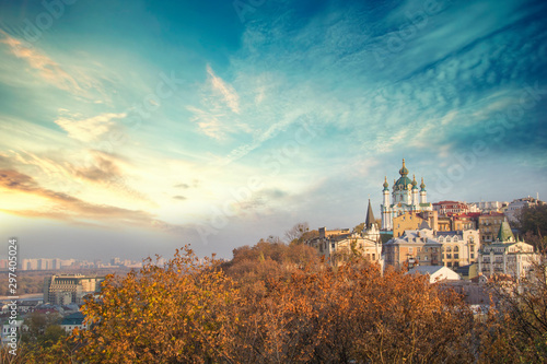 Beautiful view of St. Andrew s Church and St. Andrew s Descent in Kyiv  Ukraine