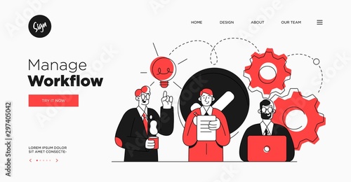 Presentation slide template or landing page website design. Business concept illustrations. Modern flat outline style. Workflow management