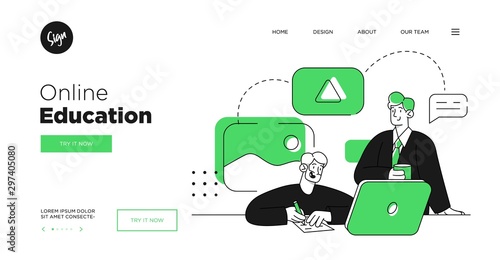 Presentation slide template or landing page website design. Business concept illustrations. Modern flat outline style. Online education courses