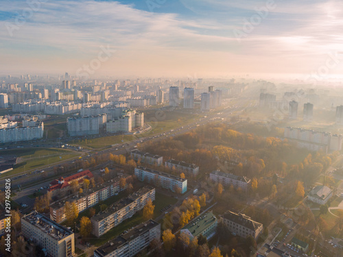 Foggy morning in Minsk, Belarus. Drone aerial photo