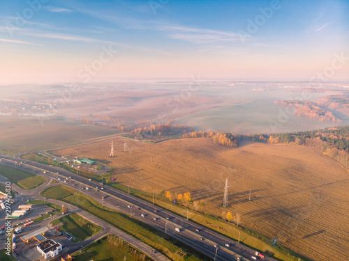 The foggy fields near Minsk, Belarus. Drone aerial photo