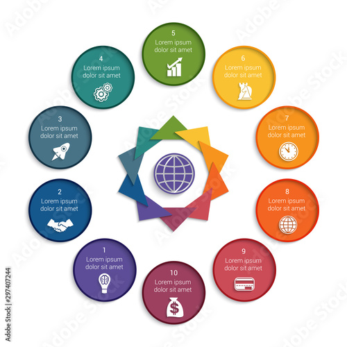 Colourful modern template for infographic 10 positions possible to use for projects business, workflow, banner, diagram, web design, timeline, area chart,number options.