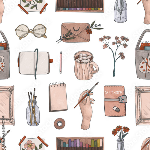 Seamless pattern with art supplies on white background