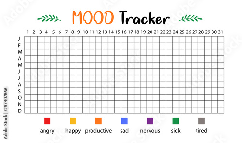 Mood tracker calendar. Year in pixels, Mood Planner, Feelings Tracker. Vector
