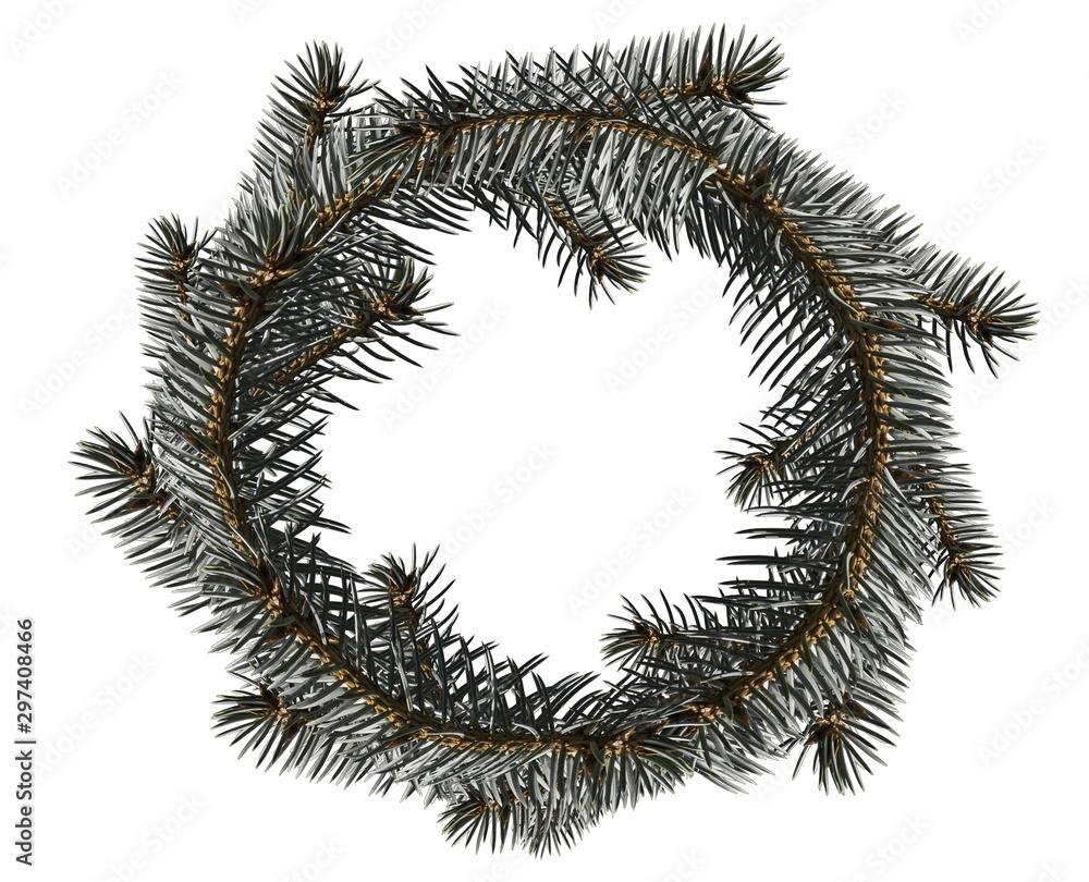 Naklejka premium Round wreath frame of blue spruce branches for Christmas decoration is isolated on a white background