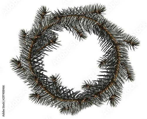 Round wreath frame of blue spruce branches for Christmas decoration is isolated on a white background photo