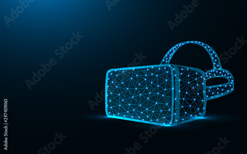 VR glasses low poly design, virtual reality glasses wireframe mesh polygonal vector illustration made from points and lines on dark blue background