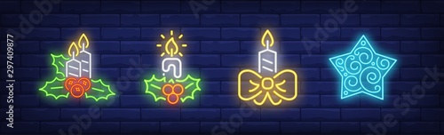 Burning candles, mistletoe and star toy neon signs set