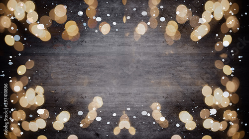 winter Background - Frame made of snow with snowflakes and lights on wooden rustic old  texture, top view with space for text