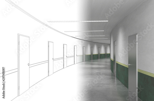 long corridor with doors, interior visualization, 3D illustration