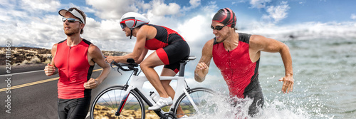 Triathlon swim bike run triathlete man running biking swimming in ocean at ironman race banner panorama. Three pictures composite of fitness athlete professional cyclist, runner, swimmer athletes.