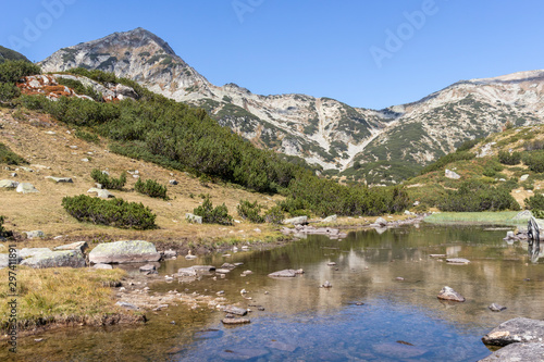 Mountain river and Vihren Peak, Pirin Mountain, Bulgaria