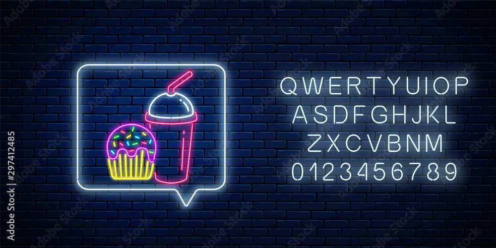 Glowing neon sign of glazed cake and smoothies cup in message notification frame with alphabet. Food and drink symbol Glowing neon sign of glazed cake and smoothies cup in message notification frame with alphabet. Food and drink symbol