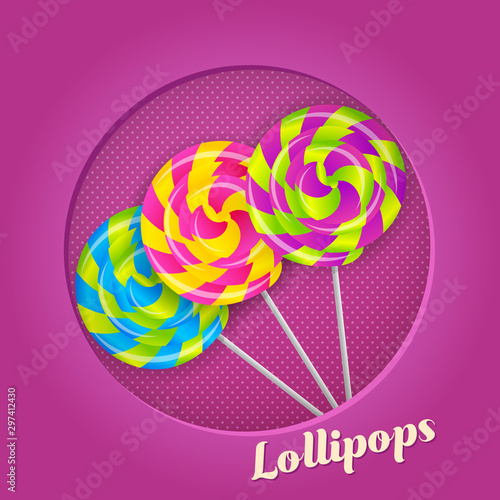 Sweet candy Colorful  Lollypops on the Violet  background. Vector isolated illustration with shadows. Greeting Card for holidays