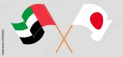 Crossed and waving flags of the United Arab Emirates and Japan