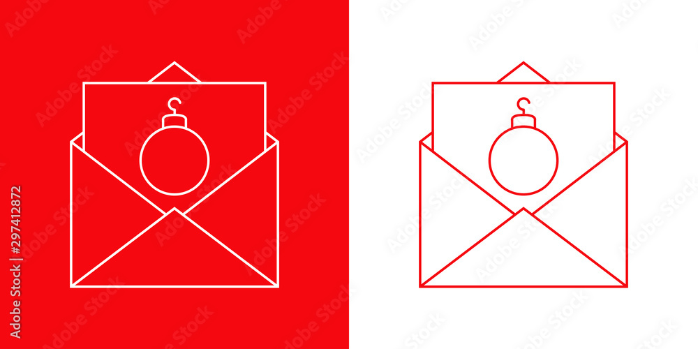 Logotipo con sobre y tarjeta lineal con bola de navidad en rojo y blanco Logotipo con sobre y tarjeta lineal con bola de navidad en rojo y blanco