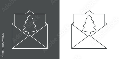 Logotipo con sobre y tarjeta lineal con árbol de navidad en gris y blanco