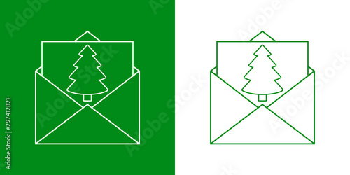 Logotipo con sobre y tarjeta lineal con árbol de navidad en verde y blanco