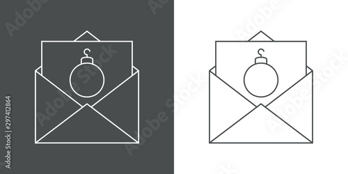 Logotipo con sobre y tarjeta lineal con bola de navidad en gris y blanco