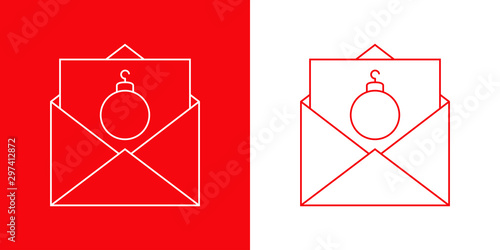 Logotipo con sobre y tarjeta lineal con bola de navidad en rojo y blanco