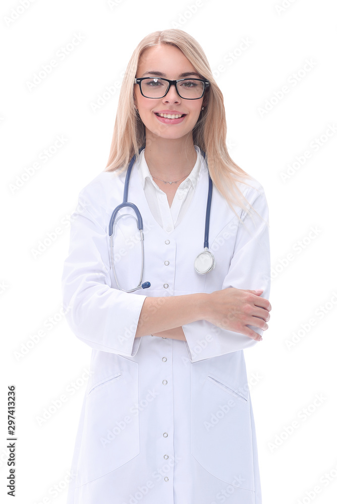 full growth. smiling woman doctor with stethoscope full growth. smiling woman doctor with stethoscope