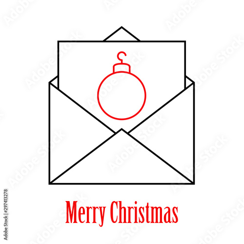 Logotipo con texto Merry Christmas con sobre y tarjeta lineal con bola de navidad en rojo y negro