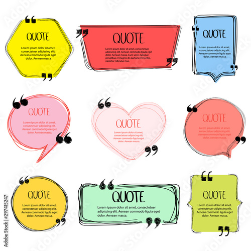 Hand made speech bubble. Quote frame, big set. Freehand text quotes. Empty colored text box templates, quote bubble, quotation symbols