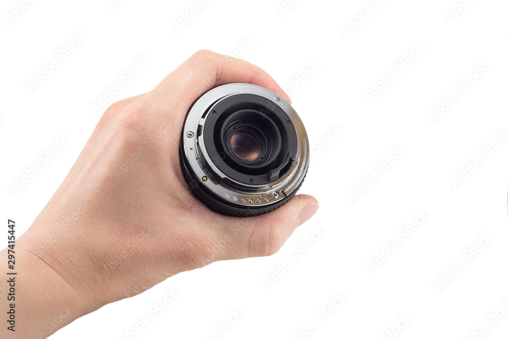 view of the back lens of the detachable camera lens in hand, the back of  the lens, mount to the camera, isolated on white background Stock Photo |  Adobe Stock