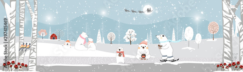 Winter landscape at night, Vector of winter wonderland, polar bear looking up at Santa Claus and Reindeers and drinking hot chocolate drinks celebreation on Christmas night.