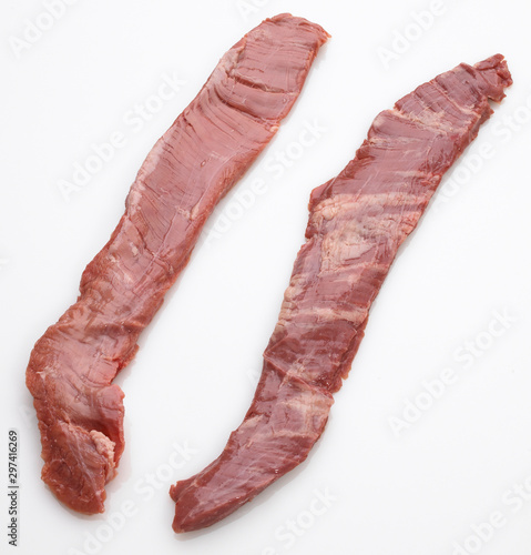 2 raw marbled beef skirt steaks overhead view