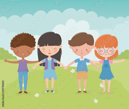 happy childrens day boys and girls holding hands in the meadow
