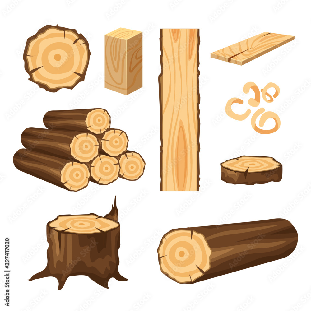 Vector set of materials for wood industry. Tree trunk, planks isolated ...