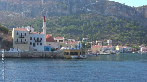 Kastellorizo island, Greece - 1st of October 2019: 4K On the go entering Castellorizo bay photo