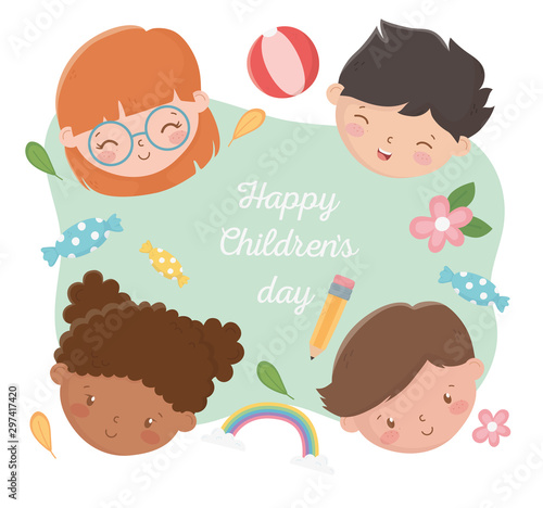 happy childrens day smiling kids faces with pencil flowers ball rainbow