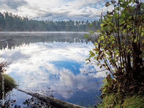 Small lake in a forest, morning time, light mist over water surface, cloudy sky reflection in the water, © mark_gusev