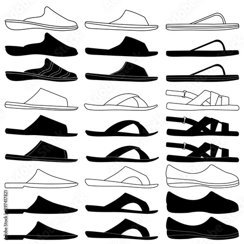 Set black silhouettes and outline transparent slippers for men and women on white background.